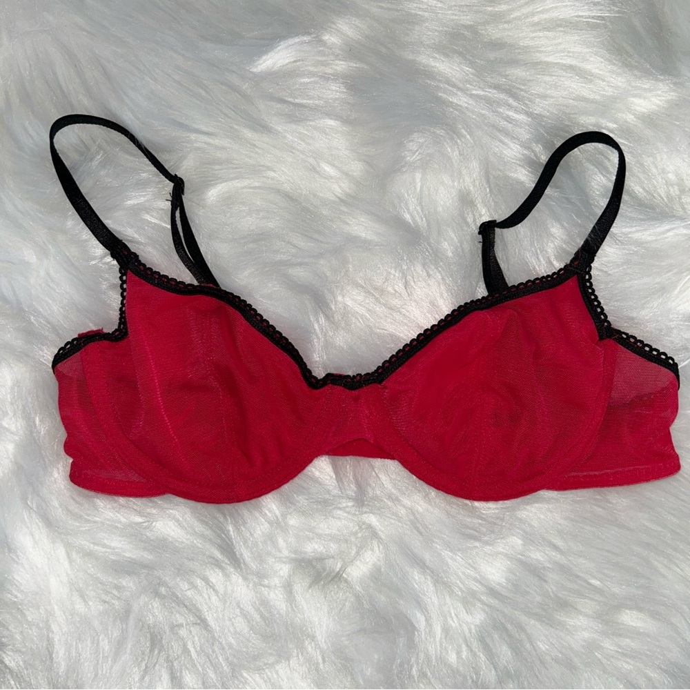 Victoria's Secret Mesh Red Bra with Black Lace Trim